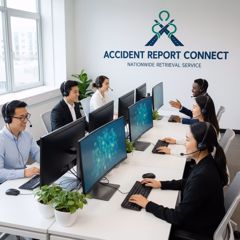 Customer support team in a modern office helping drivers with accident report requests