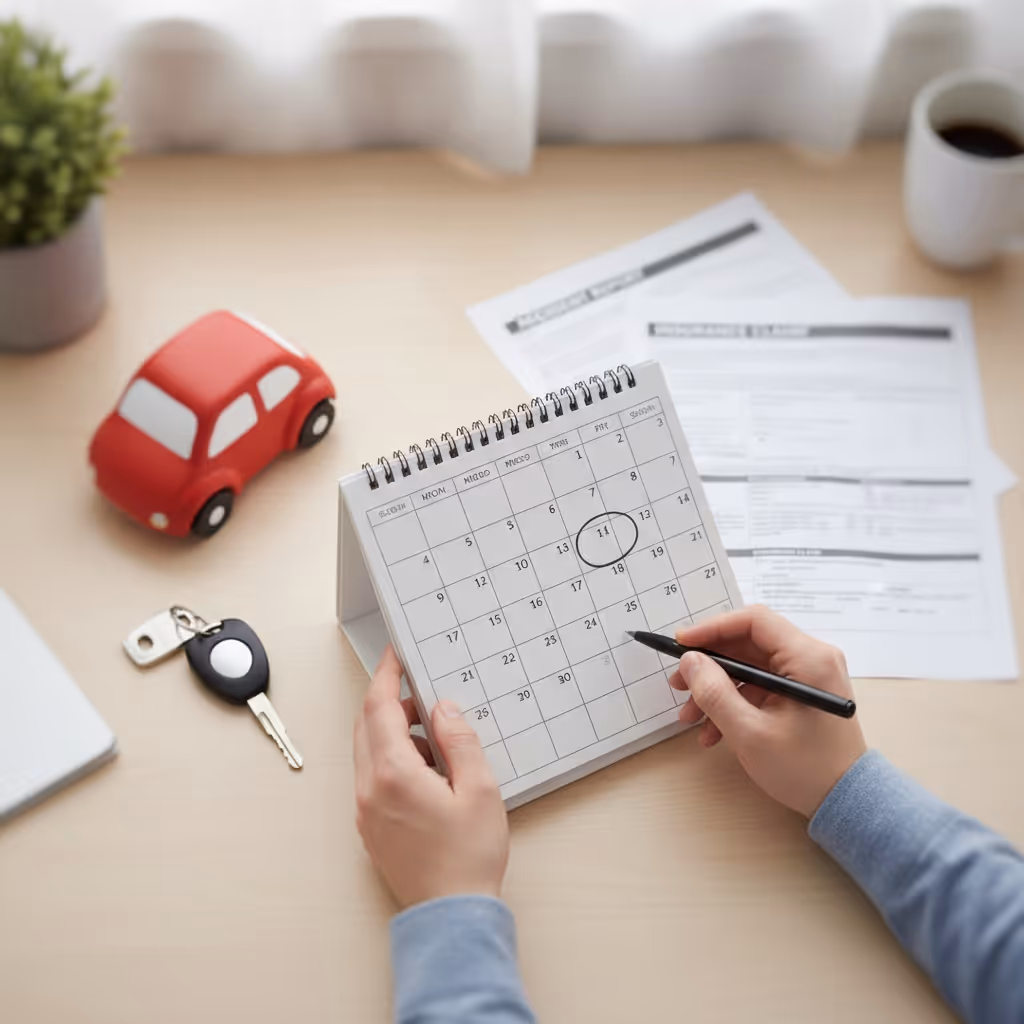 Top-down view of a calendar, car keys, and paperwork while marking accident report dates