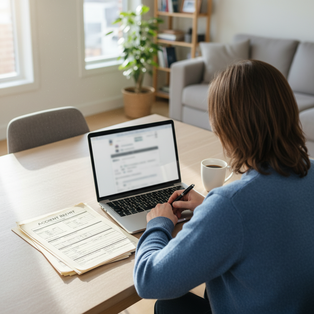Person at home reviewing a printed accident report and documents on a table with a laptop