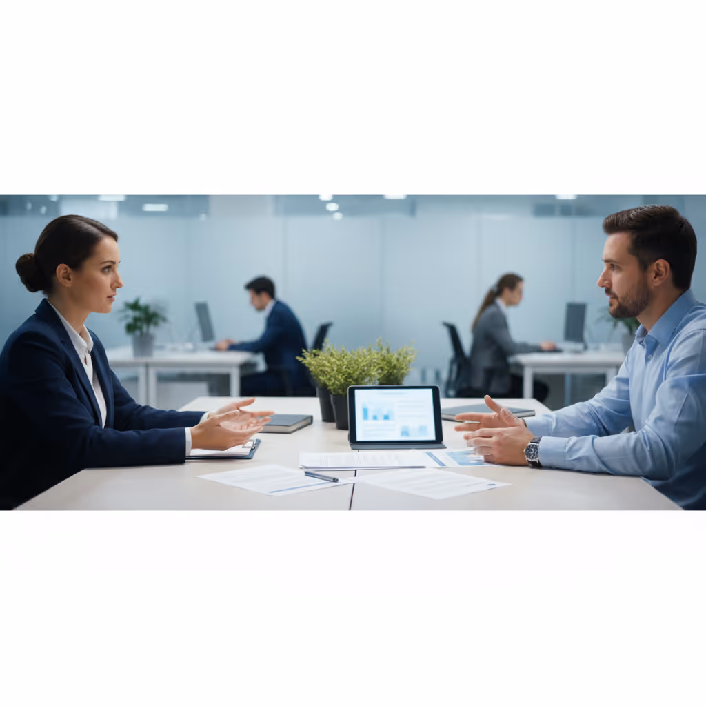 Insurance professional and driver discussing accident paperwork at an office desk