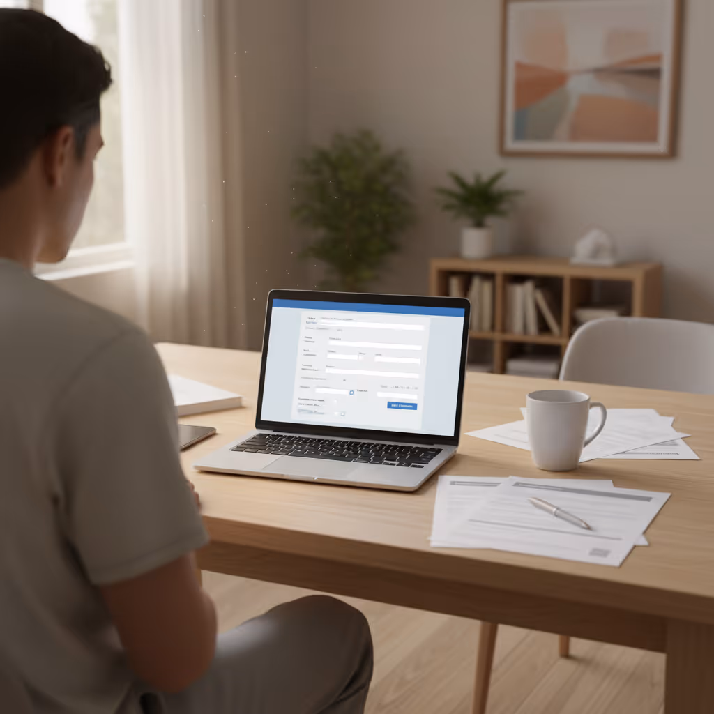 Person at home using a laptop and paperwork to request a police accident report online