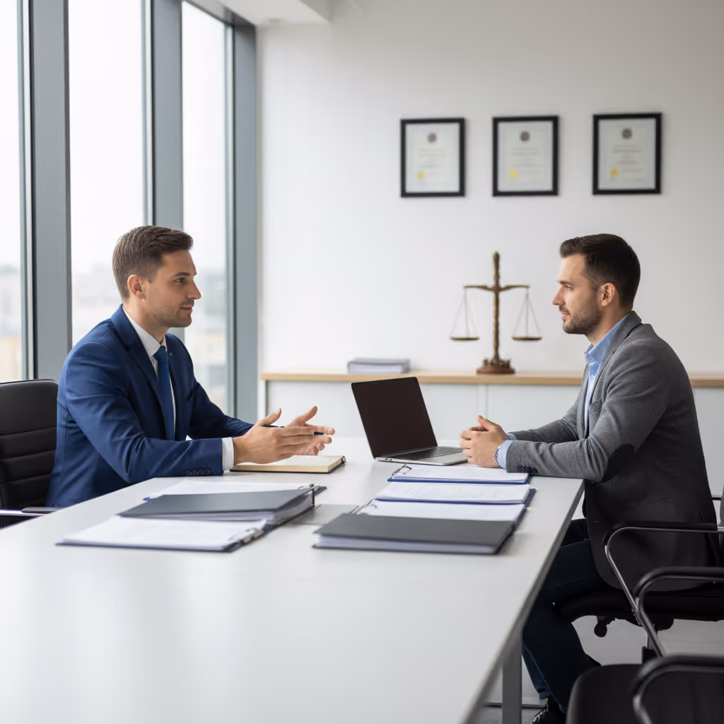 Lawyer and client sitting at a conference table reviewing car accident documents