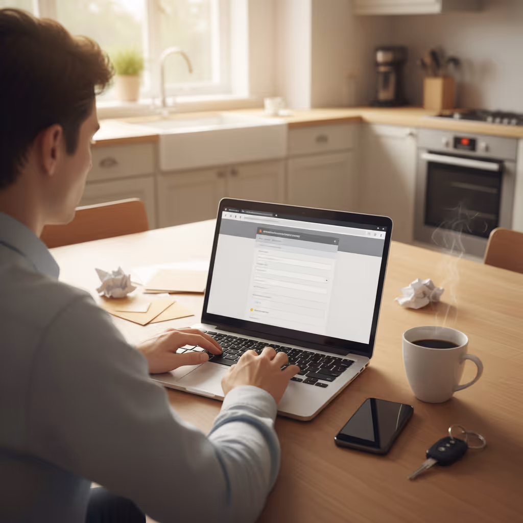 Person using a laptop at home to request an online police accident report