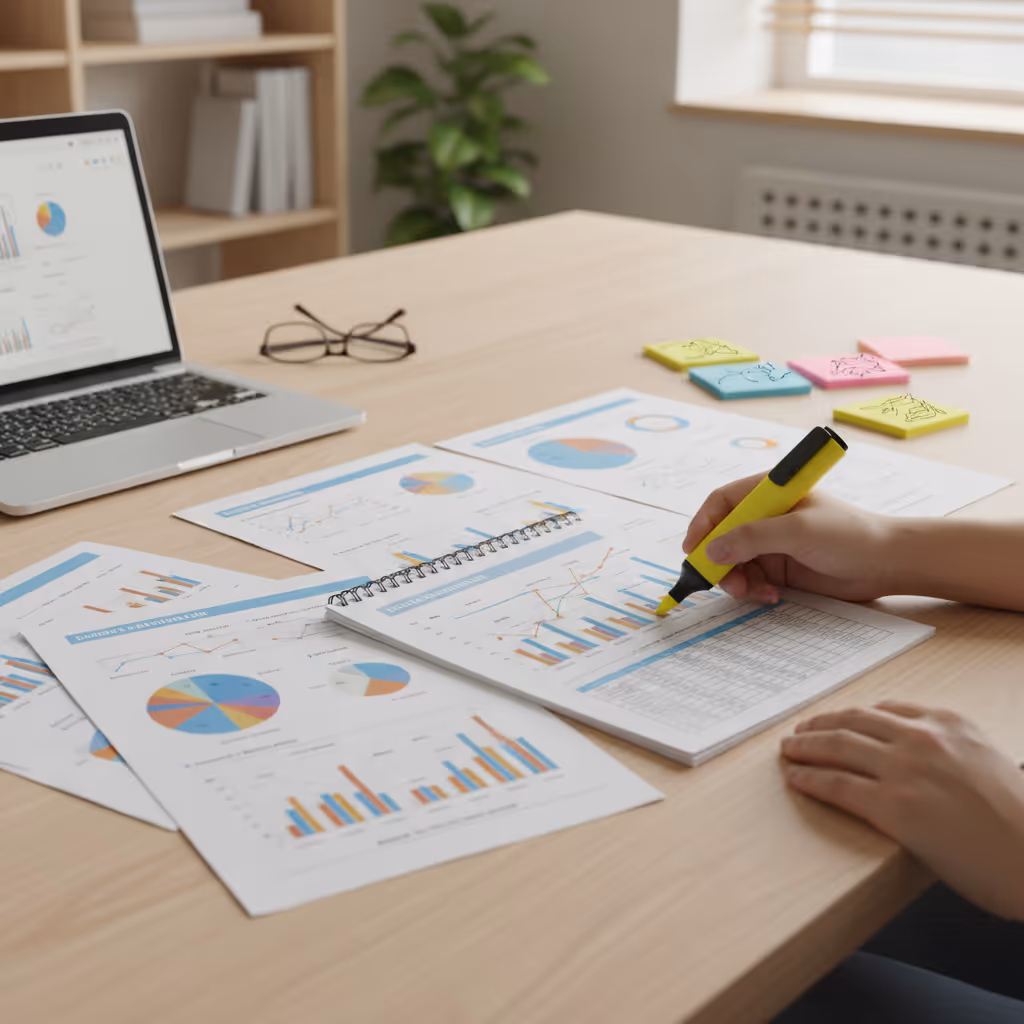 Person highlighting sections of a printed insurance claim report spread out on a desk