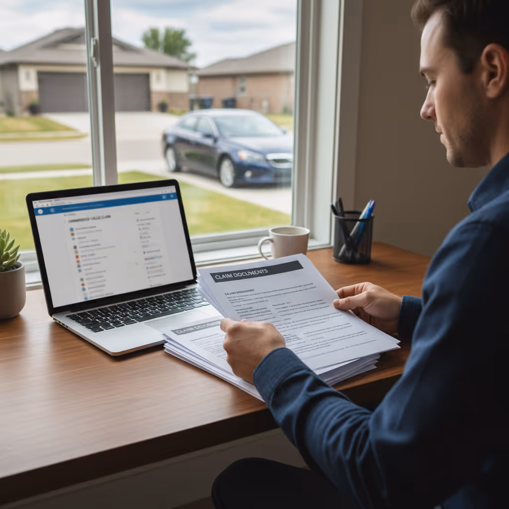 Person organizing a stack of documents and a laptop while preparing a diminished value report claim packet