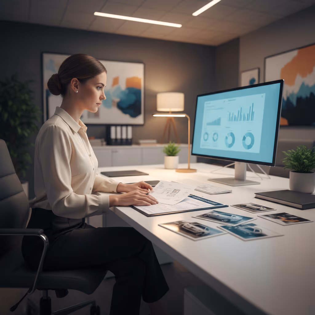 Insurance professional at a desk reviewing a police accident report and photos for a diminished value claim