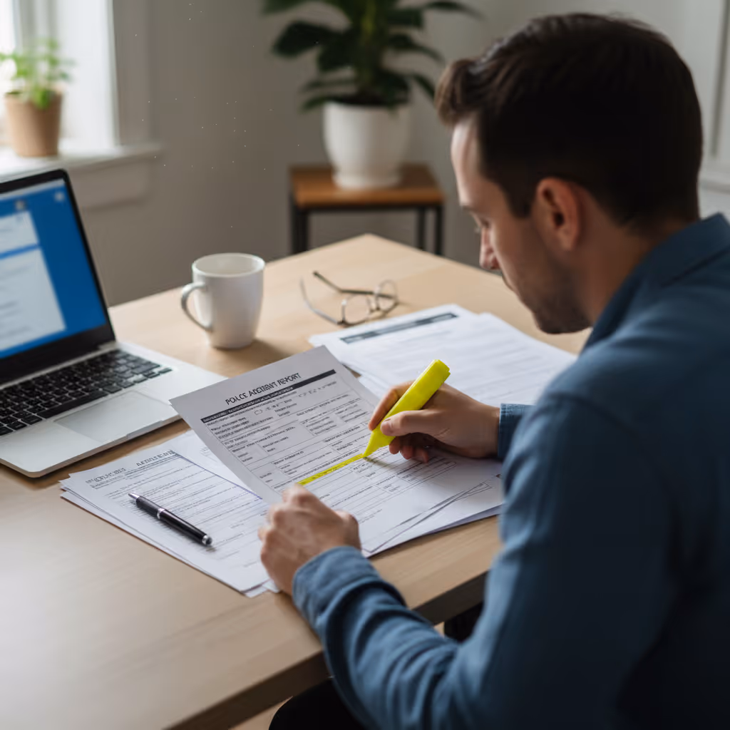 Person at a kitchen table reviewing a printed police accident report with a laptop nearby